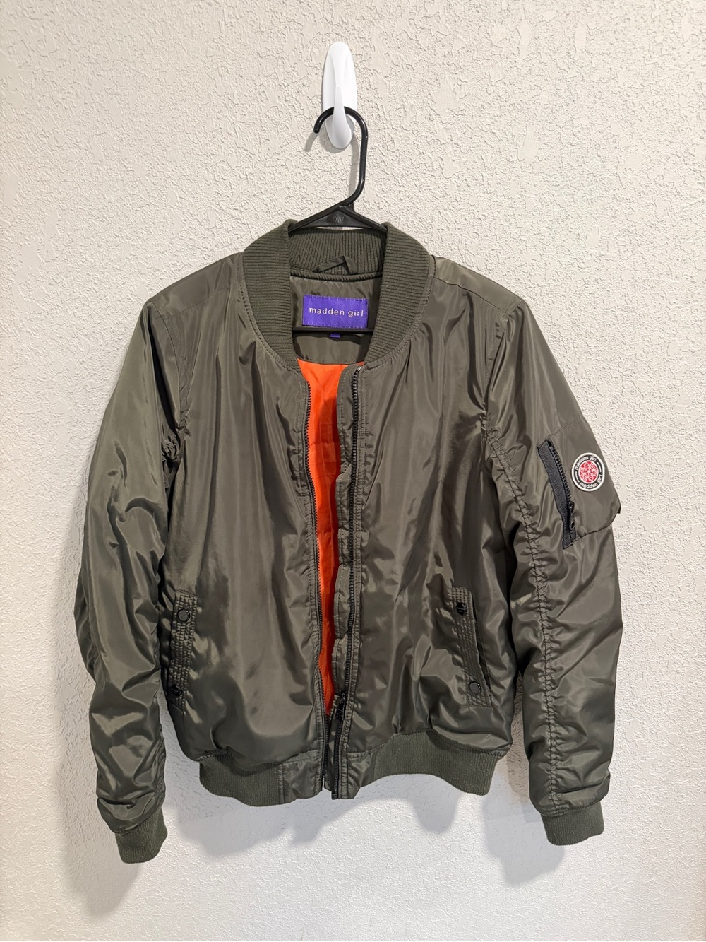 Madden Girl Olive Bomber Jacket with Orange Lining